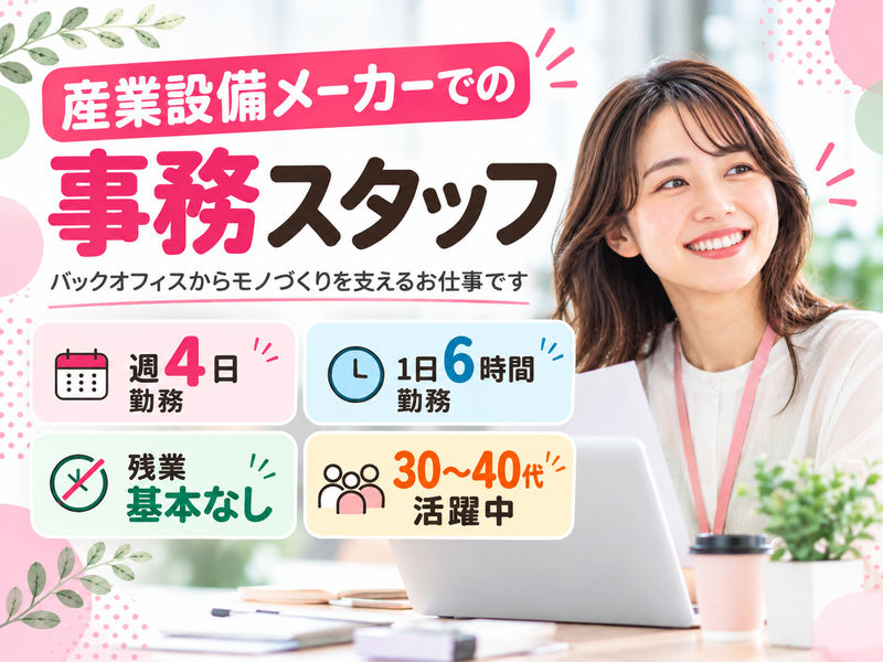 【派遣社員】産業設備メーカーでの事務｜週4日・6時間勤務